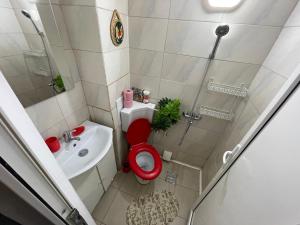 a small bathroom with a red toilet and a sink at City center - Unirii studio in Bucharest