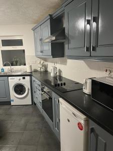 cocina con armarios grises, lavadora y secadora en Hill View House, en Newry