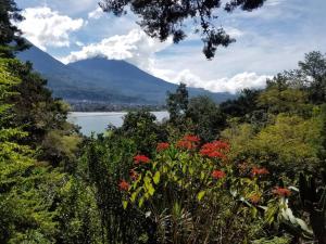 vistas a un lago con montañas en el fondo en Chalet in the Woods, en Santiago Atitlán