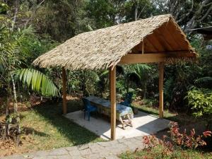 a pavilion with a table and a straw roof at Chalet in the Woods in Santiago Atitlán