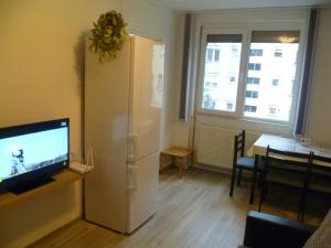 a living room with a refrigerator and a table at Romanilor - Studio First Floor in Deva