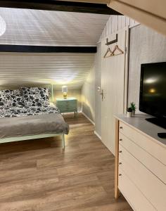 a bedroom with a bed and a flat screen tv at Ihr Zuhause im Herzen von Baden in Dielheim