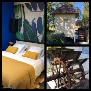 two pictures of a bedroom with a bed and a chair at Moulin à Eau - Domaine de 3 Hectares - Borne électrique - Chiens acceptés in Hondouville