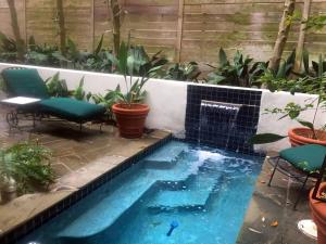 ヒューストンにあるArtist's Library with a Private Swimming Poolのパティオ(椅子、植物付)のスイミングプールを利用できます。