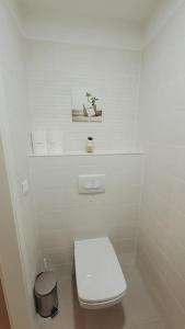 a white bathroom with a toilet and a trash can at DN Green apartment in Budapest