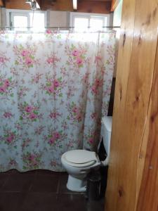 y baño con aseo y cortina de ducha con motivos florales. en Aldea Hippie en Los Reartes