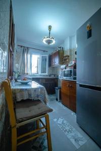 a kitchen with a table and a refrigerator at Auntie Katie's house in Giannádes