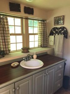 a bathroom with a sink and two windows at Lock Keepers Cottage on C&O Canal/Potomac River in Sharpsburg