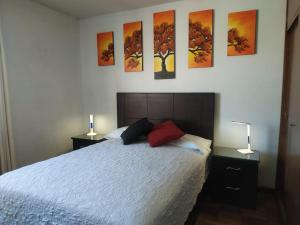 ein Schlafzimmer mit einem Bett mit vier Gemälden an der Wand in der Unterkunft APARTAMENTO PRIVADO Piso 20a, CENTRICO, CERCA EMBAJADA USA, TELEFERICO, MALLS, VISTAS 360 y ZONA SEGURA in La Paz