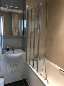 a bathroom with a shower and a sink and a tub at STUDIO Apartment opposite shoreditch Park in London