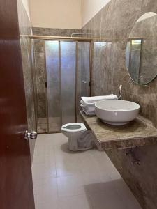 a bathroom with a toilet and a sink and a shower at Flores Condominios Depa Lili in Álamos