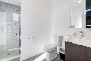een badkamer met een toilet, een wastafel en een douche bij Chicago Second Floor Studio by 747 Lofts in Chicago