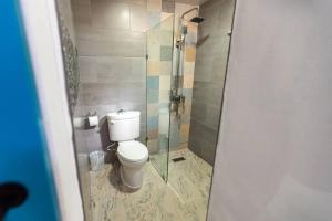uma casa de banho com um WC e uma cabina de duche em vidro. em Amazing Apartments Juan Dolio, El Bonito II - 2A em Juan Dolio