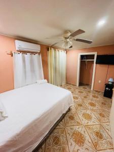 1 dormitorio con 1 cama y ventilador de techo en Coco Bahia Apartment en Six Huts