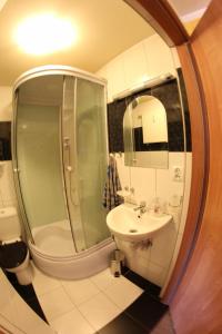 a bathroom with a shower and a sink and a mirror at Gościniec Głuchołazy Zdrój in Głuchołazy