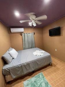 1 dormitorio con 1 cama y ventilador de techo en Mr, Crab Apartment, en Six Huts