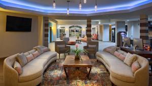 a lobby with couches and a table and a tv at Hotel Indigo San Antonio Riverwalk, an IHG Hotel in San Antonio