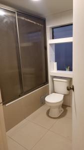 La salle de bains est pourvue de toilettes et d'une douche en verre. dans l'établissement Casa dos dormitorios, à Iquique