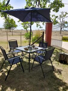 einen Tisch mit vier Stühlen und einem Sonnenschirm in der Unterkunft La Casa del Árbol in Carmen de Areco