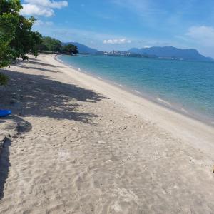a sandy beach with trees and the ocean at DAOH'S Rooms & Scooters in Tanjung Rhu