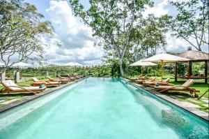 a swimming pool with lounge chairs and umbrellas at Hidden Gem Suites Ubud in Ubud