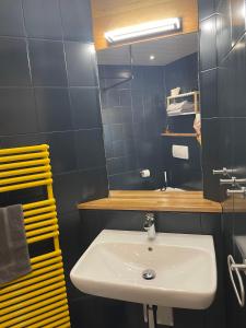 a bathroom with a white sink and a mirror at Moderne Ferienwohnung in historischer Altstadt in Hilpoltstein