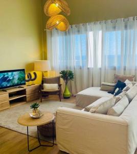 uma sala de estar com um sofá branco e uma televisão em SunBliss Appartement em Saint-Gilles-les Bains