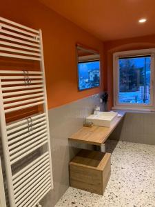 a bathroom with a white sink and a mirror at Albergo Stella in Cavalese