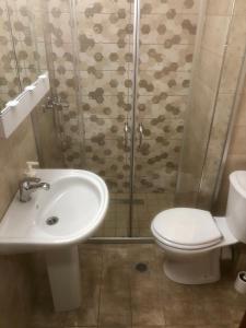 La salle de bains est pourvue de toilettes, d'un lavabo et d'une douche. dans l'établissement REM One Bedroom Apartment, à Thessalonique