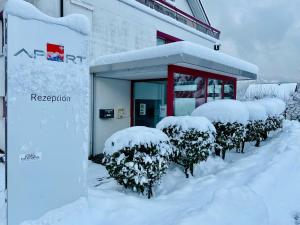 un bâtiment recouvert de neige avec des buissons recouverts de neige dans l'établissement Apart Holidays, à Morschach