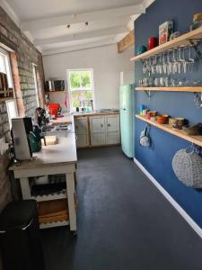 cocina con paredes azules y nevera azul en Vinistrella, en Ciudad del Cabo
