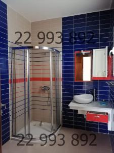 uma casa de banho em azulejos azuis com um chuveiro e um lavatório. em villa s+5 pied dans l'eau Plage Ezzahra 22993892 em Kelibia