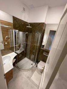 a bathroom with a shower and a toilet and a sink at Holec Apartments in Prague