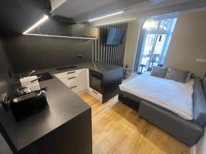 プラハにあるHolec Apartmentsの小さなベッドルーム(ベッド1台付)、キッチンが備わります。