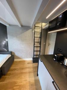 a room with a kitchen and a bed at Holec Apartments in Prague