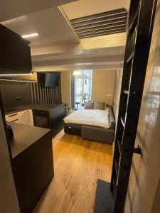 Holec Apartments في براغ: غرفة صغيرة بها سرير ومطبخ