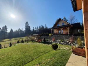 a log house on a hill with a yard at Apartament Borowikowe Zacisze in Falsztyn