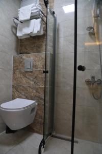 a bathroom with a toilet and a glass shower at Otel 57 in Sinop