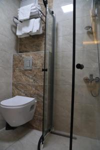 La salle de bains est pourvue de toilettes et d'une douche en verre. dans l'établissement Otel 57, à Sinop