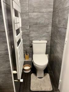 a bathroom with a toilet in a small room at Appartement situé au centre ville d’alfortville in Alfortville +5 photos