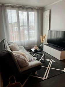 uma sala de estar com um sofá e uma televisão de ecrã plano em Appartement situé au centre ville d’alfortville em Alfortville