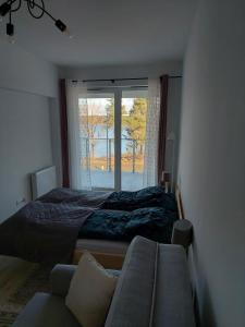 ein Schlafzimmer mit einem Bett, einem Fenster und einem Sofa in der Unterkunft Apart Białe Augustów in Augustów