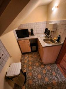 eine kleine Küche mit einer Spüle und einer Mikrowelle in der Unterkunft Ferienwohnung Michelle in Waldrach