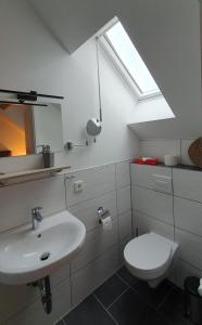 a bathroom with a sink and a toilet with a skylight at Messe- und Monteurzimmer in Müllingen in Sehnde