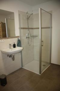 een badkamer met een douche en een wastafel bij Ferienwohnung Waldblick - a75529 in Bräunlingen