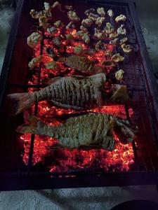 a bunch of fish are cooking on a grill at Dhonveli Inn, Bandidhoo in Meedhoo