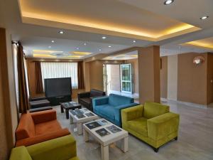 a living room with colorful furniture and a flat screen tv at Airport Güllük Otel in Milas