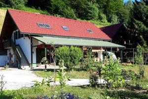 a house with a red roof and a garden at Apartma Butterfly in Škofja Loka