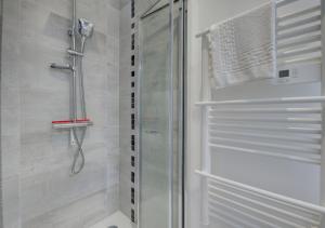 a shower with a glass door in a bathroom at Les forges 2 pièces RDC in Avoine
