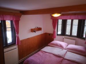a bedroom with two beds and two windows at Chata Zákoutí in Vítkovice